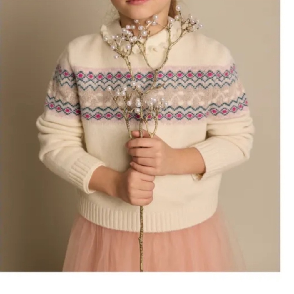 Bonpoint Cream Sweater with Pink and Blue Fair Isle Detail